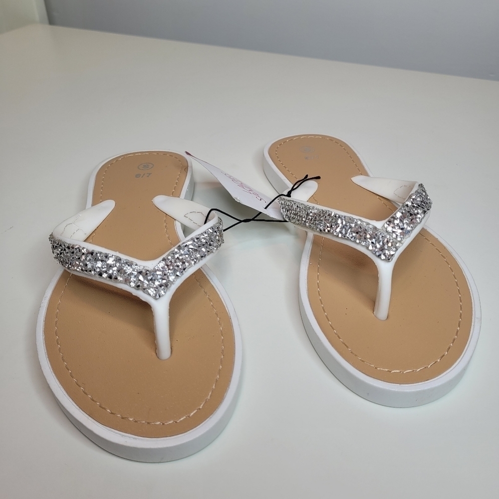White Thong Flip Flop Sandals with Sparkle Glitter Size Women's Small 6/7 - Picture 3 of 5